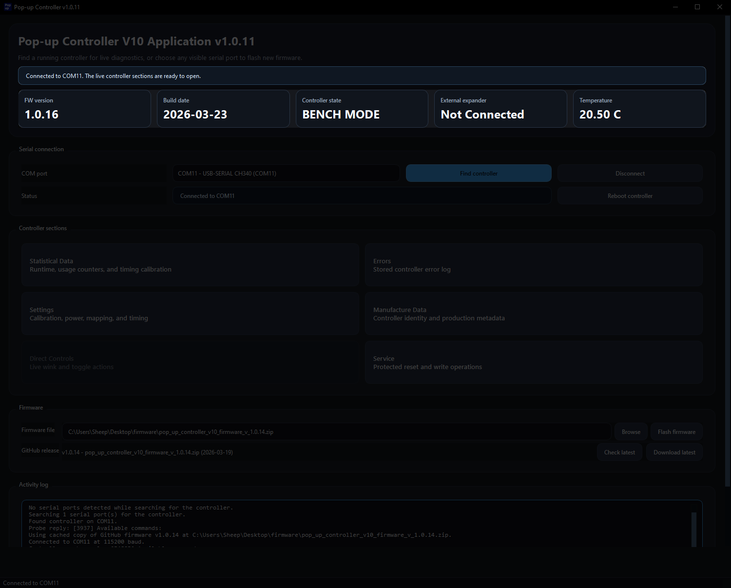 Desktop app after the controller reconnects following a successful firmware flash.