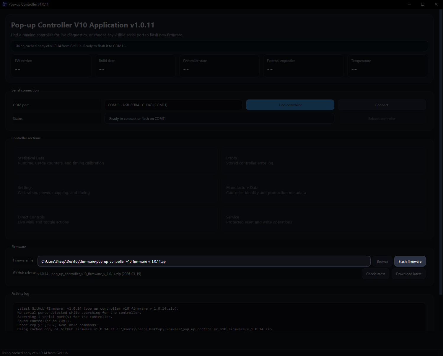 Desktop app after the latest firmware has been downloaded and selected.