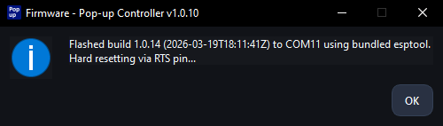Desktop app success dialog shown after flashing completes.