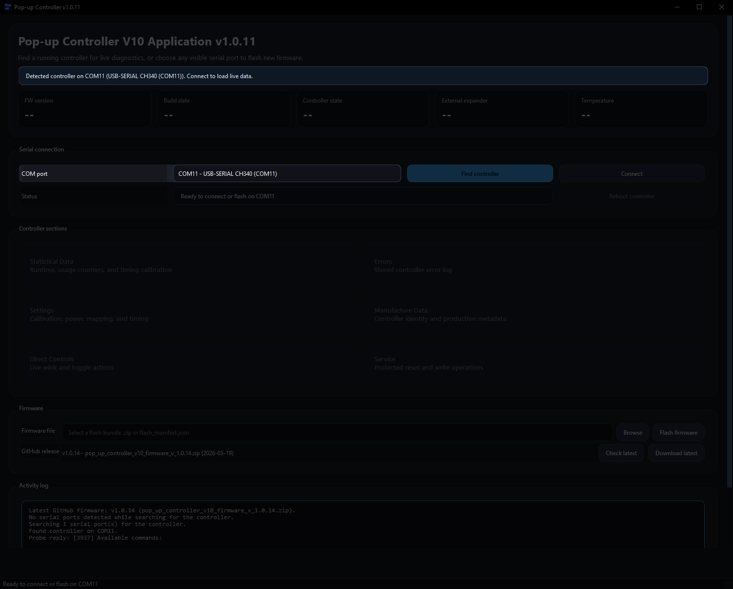 Desktop app after the controller has been detected.