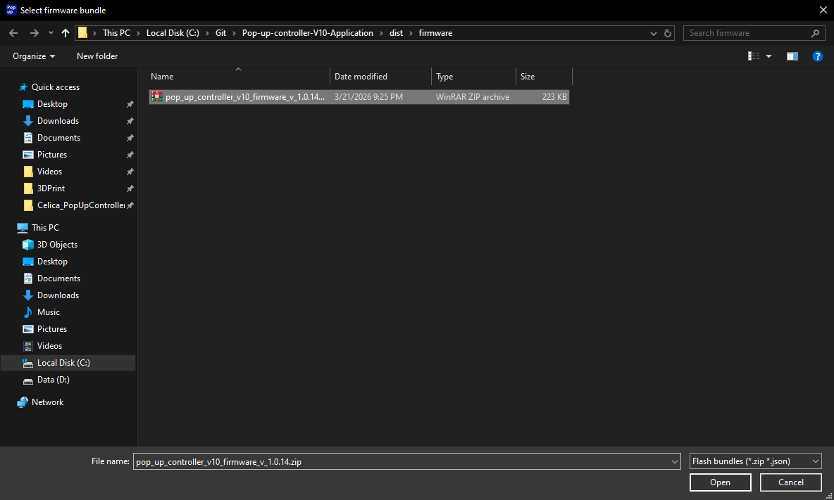 Desktop app file picker for manually selecting a firmware zip file.