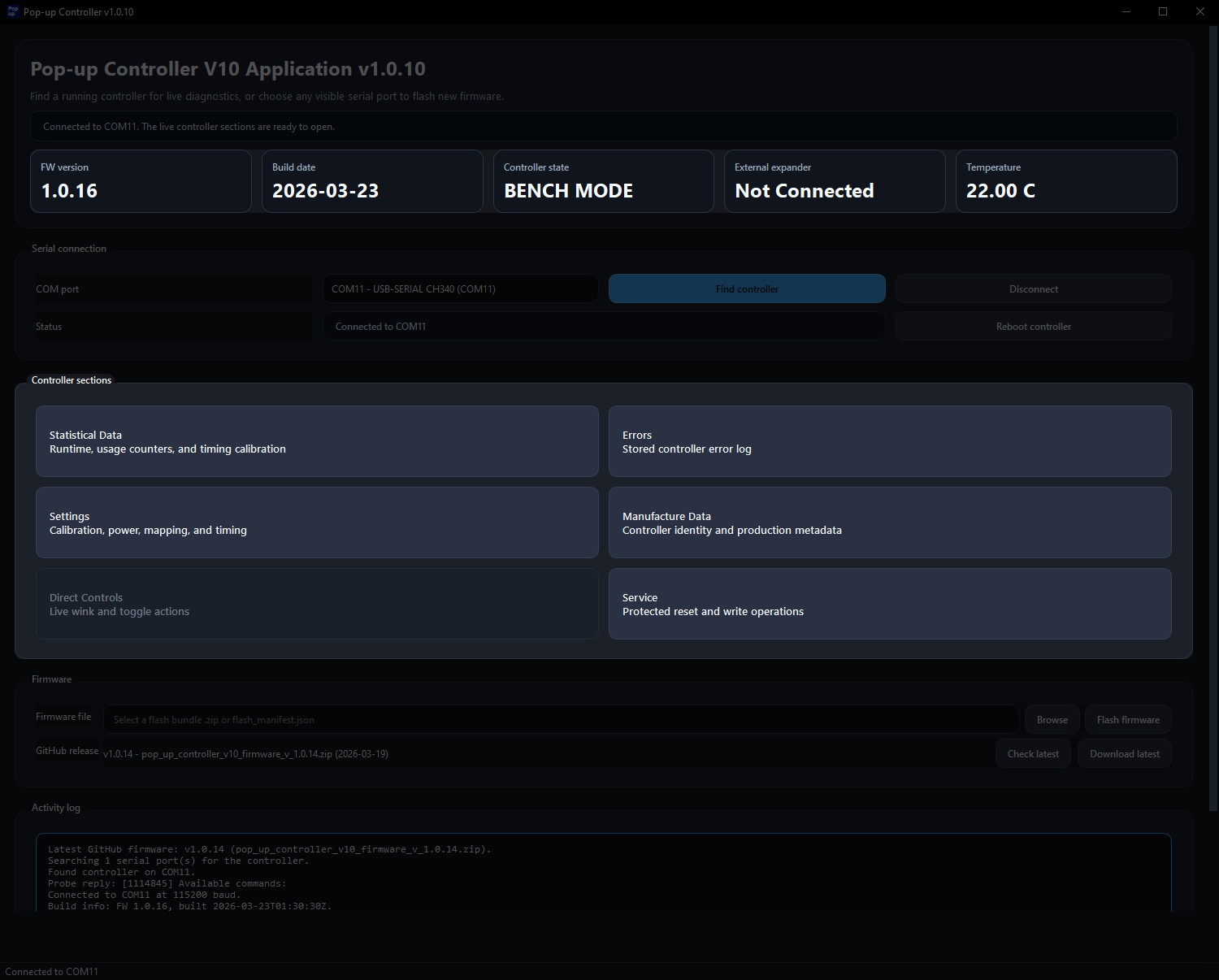 Desktop app after the controller has connected successfully.