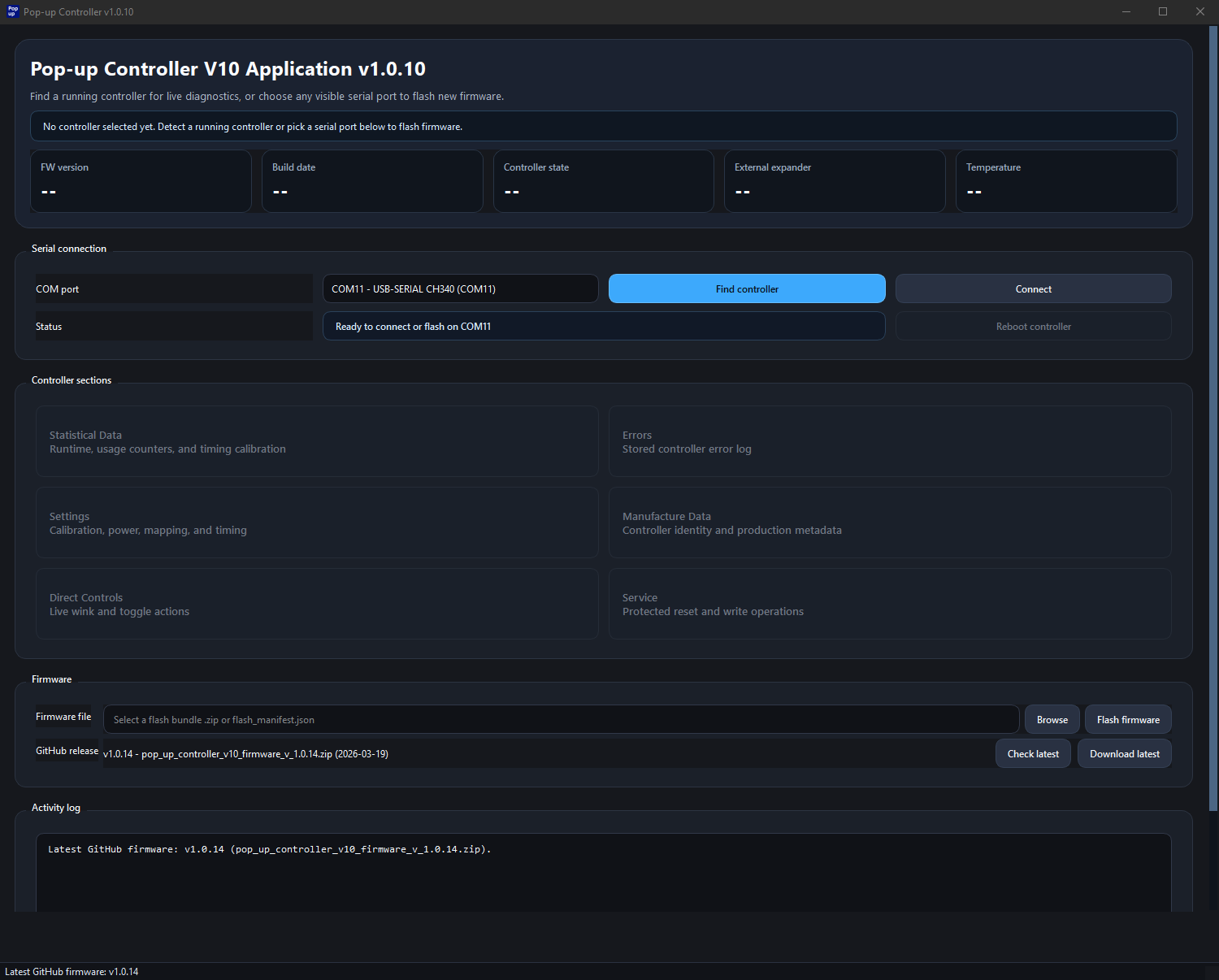 Desktop app main window before connecting to the controller.