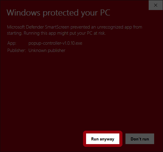 Windows SmartScreen warning with the Run anyway option visible.