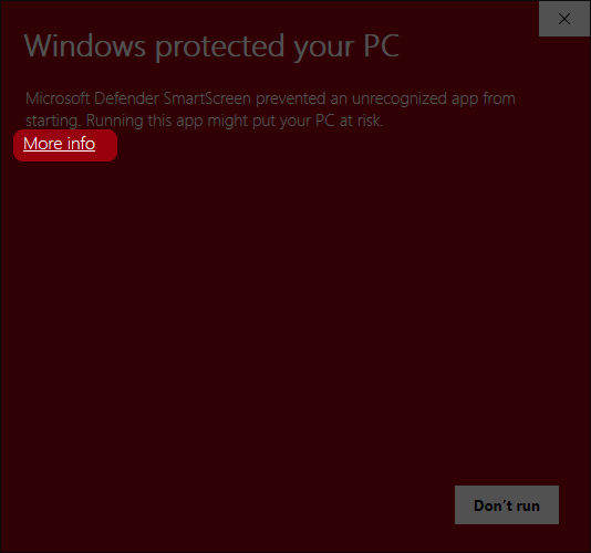 Windows SmartScreen warning shown before the extra launch option is revealed.