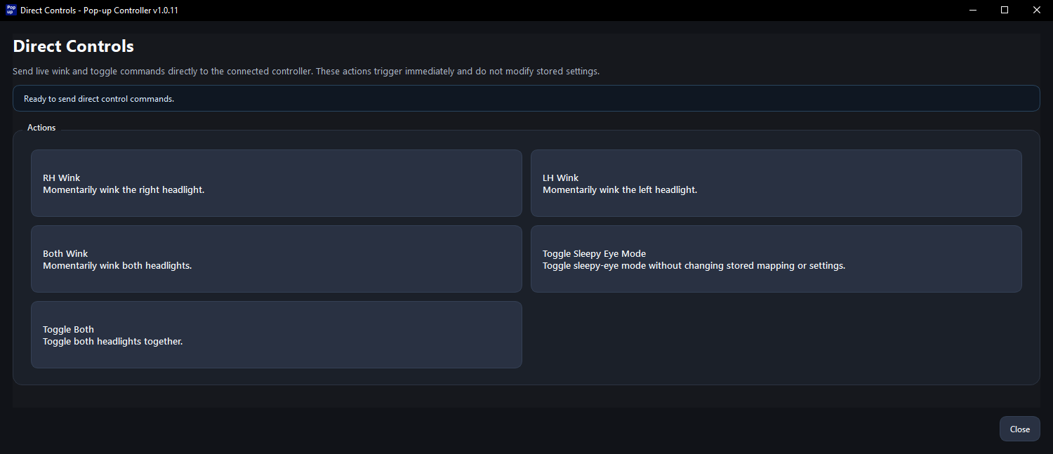 Direct Controls dialog in the Pop-up Controller V10 desktop app.