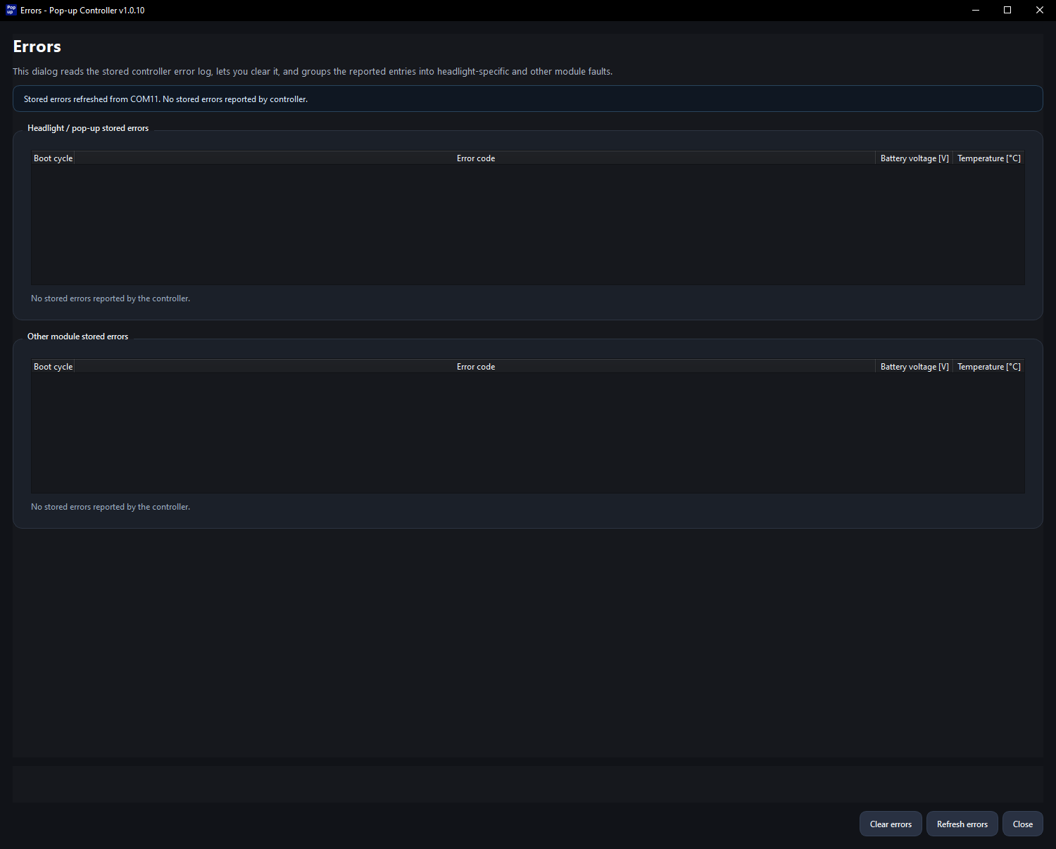 Errors dialog in the Pop-up Controller V10 desktop app.