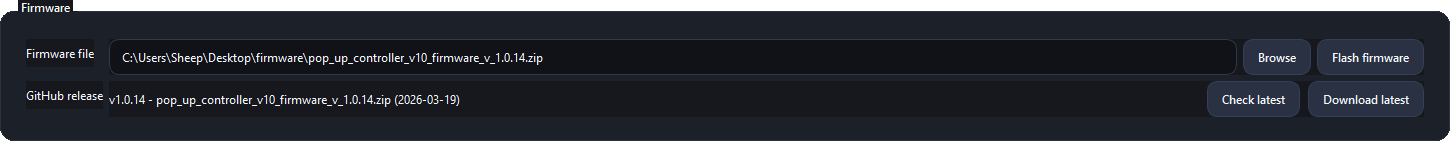 Firmware area from the Pop-up Controller V10 desktop app.