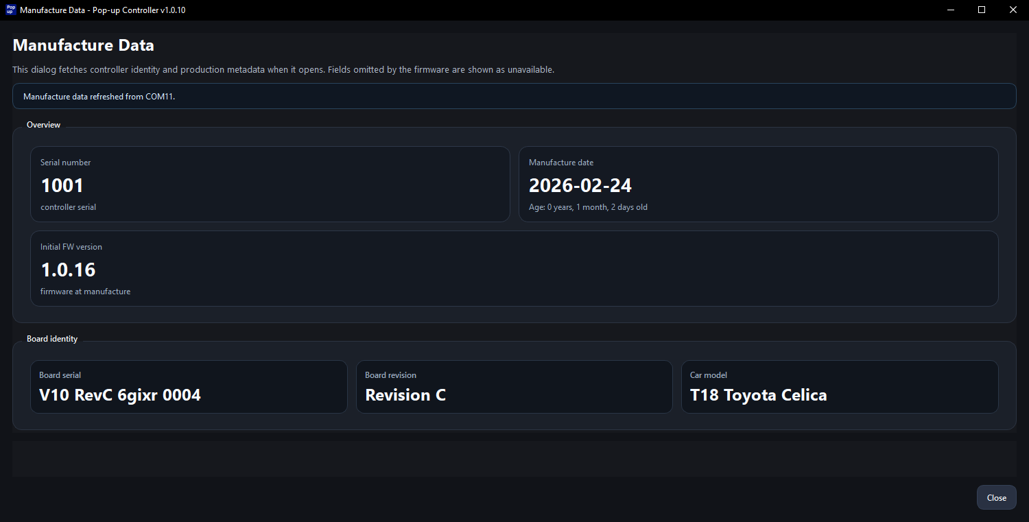 Manufacture Data dialog in the Pop-up Controller V10 desktop app.