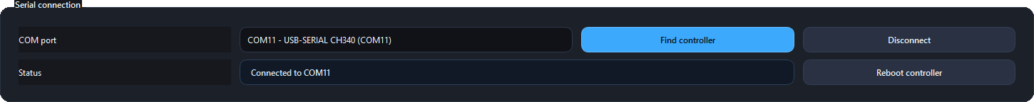 Serial connection area from the Pop-up Controller V10 desktop app.