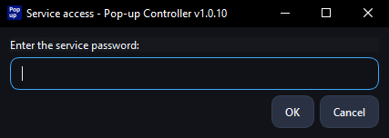Service access dialog in the Pop-up Controller V10 desktop app.