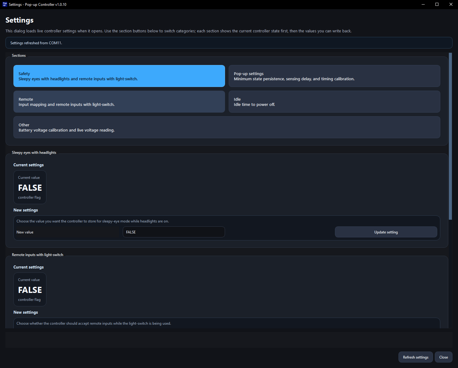 Settings dialog overview in the Pop-up Controller V10 desktop app.