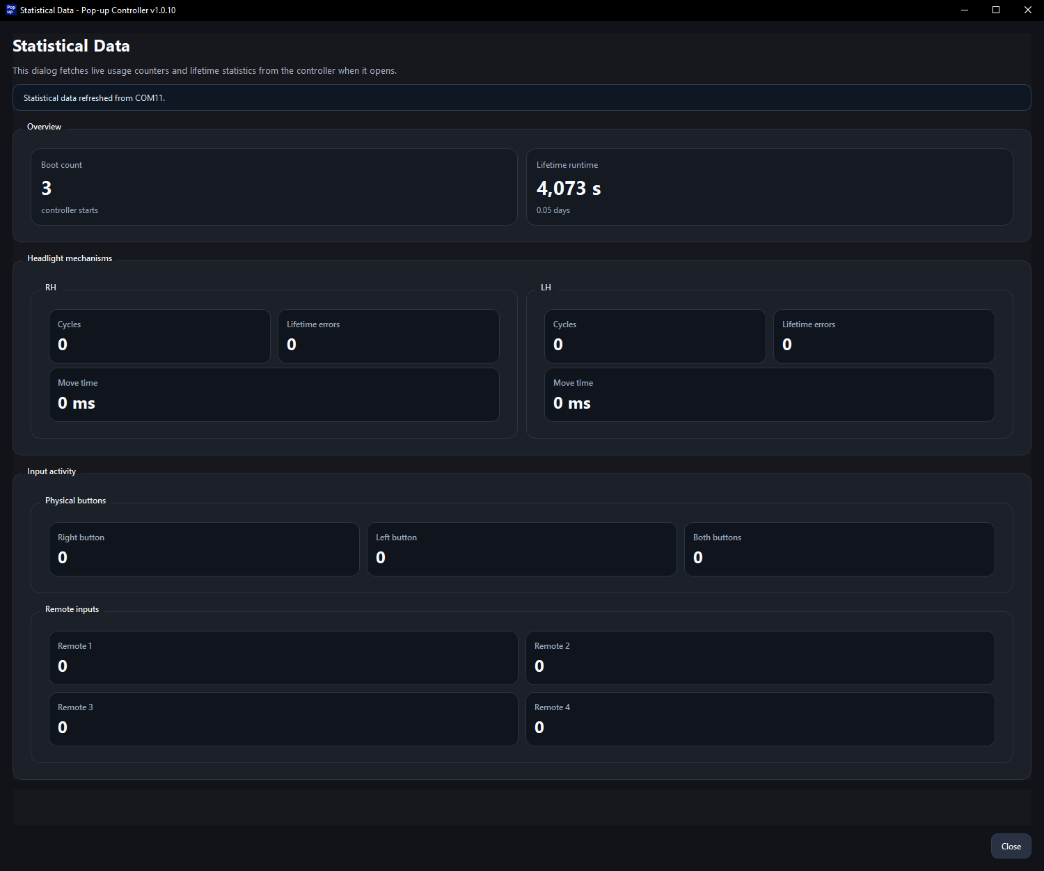 Statistical Data dialog in the Pop-up Controller V10 desktop app.