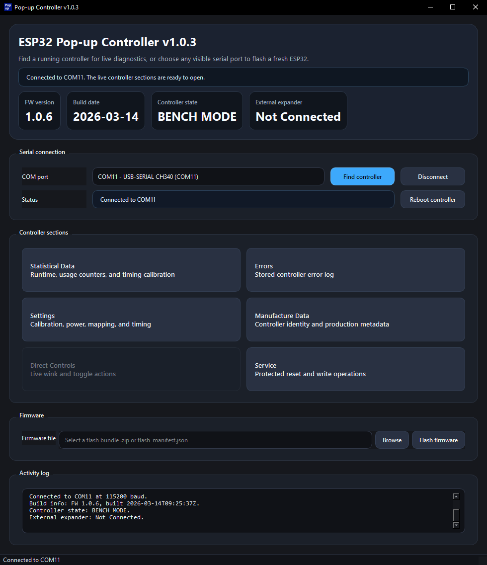Desktop application overview for the Pop-up Controller V10.